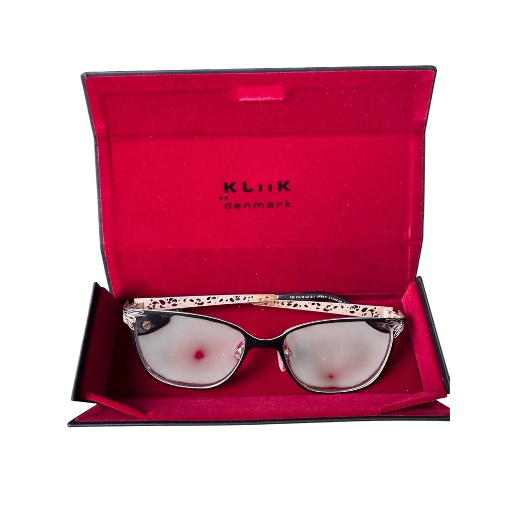 Kliik Denmark Women's Eyeglass Frames Cat Eye Black/Gold Cutout Design W/ Case‎